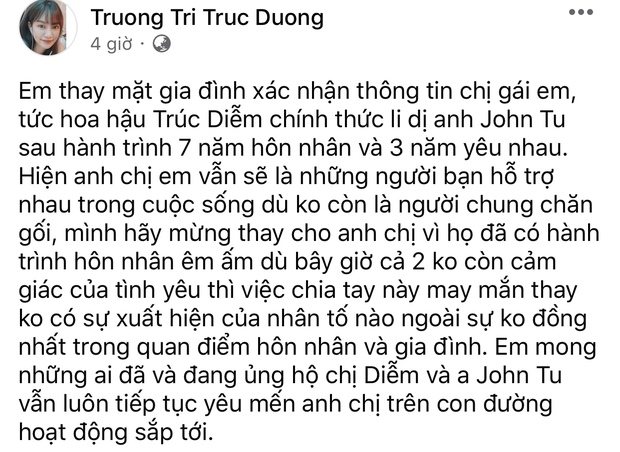 Hoa hậu Trúc Diễm ly hôn, em gái ruột nói gì? - Ảnh 2.