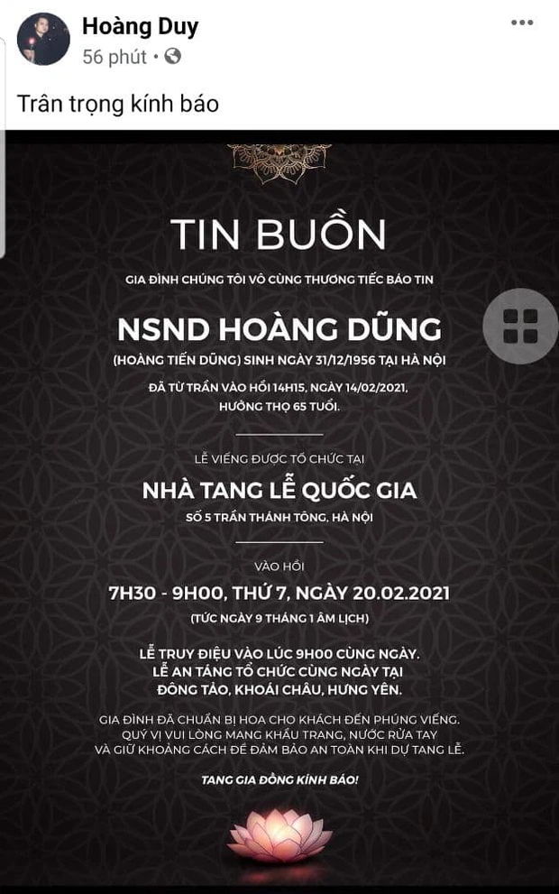 Con trai thông báo cáo phó tang lễ NSND Hoàng Dũng: Hé lộ thời gian, địa điểm an táng và lưu ý quan trọng về việc nhận vòng hoa - Ảnh 2.