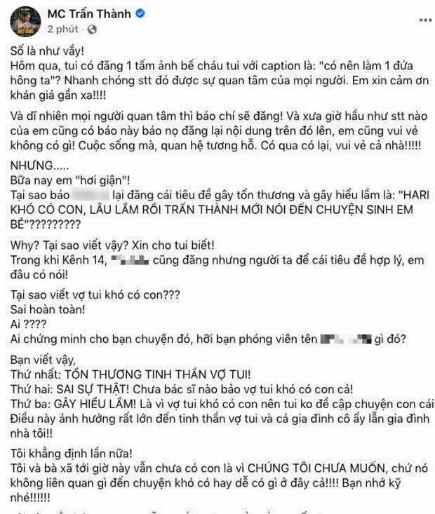 Trấn Thành lên tiếng bảo vệ khi Hari Won khi bị “bóp méo” chuyện con cái: “Tổn thương tinh thần vợ tôi, chưa có bác sĩ nào nói vợ tôi khó có con cả” - Ảnh 2.