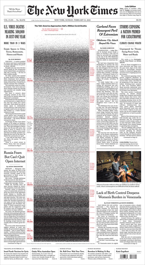 1000, 100.000, rồi nửa triệu: 2 trang nhất gây ám ảnh cả thế giới của New York Times về hiện thực đau đớn Covid-19 mang lại - Ảnh 1. 1000, 100.000, rồi nửa triệu: 2 trang nhất gây ám ảnh cả thế giới của New York Times về hiện thực đau đớn Covid-19 mang lại - Ảnh 1.