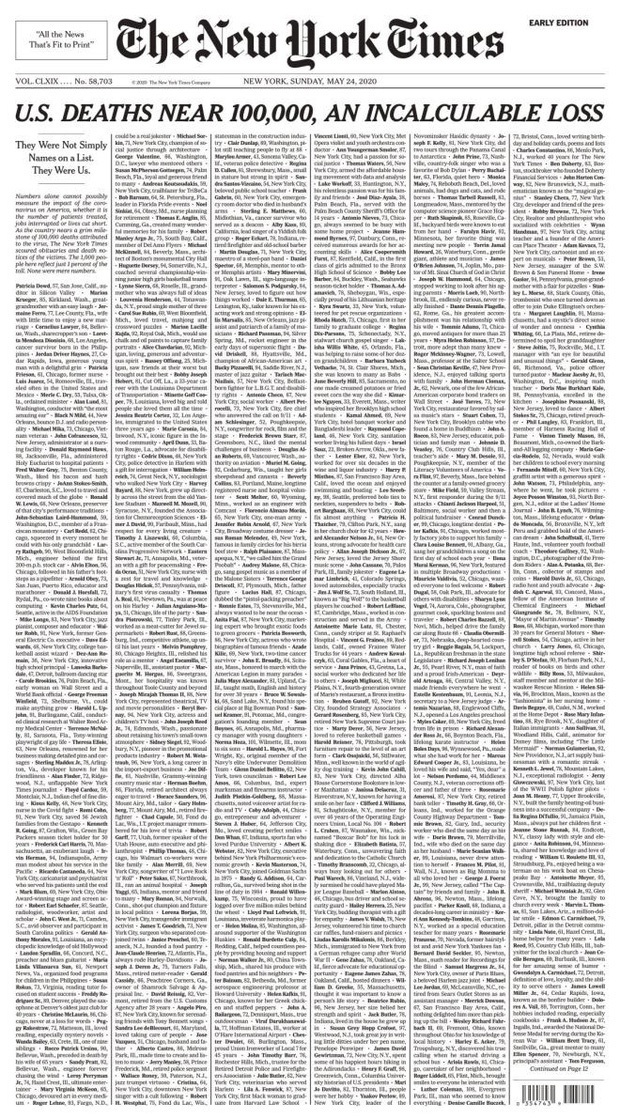 1000, 100.000, rồi nửa triệu: 2 trang nhất gây ám ảnh cả thế giới của New York Times về hiện thực đau đớn Covid-19 mang lại - Ảnh 2. 1000, 100.000, rồi nửa triệu: 2 trang nhất gây ám ảnh cả thế giới của New York Times về hiện thực đau đớn Covid-19 mang lại - Ảnh 2.