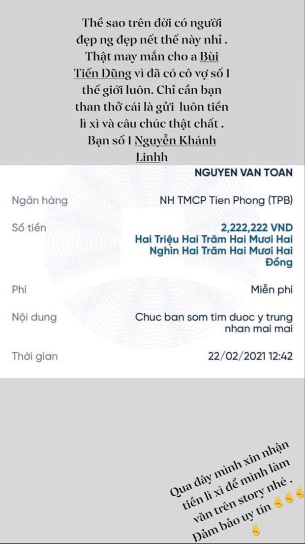 Vợ Bùi Tiến Dũng lì xì Văn Toàn kèm lời chúc sớm tìm được ý trung nhân vào thứ 2 ngày 22/2 - Ảnh 1. Vợ Bùi Tiến Dũng lì xì Văn Toàn kèm lời chúc sớm tìm được ý trung nhân vào thứ 2 ngày 22/2 - Ảnh 1.