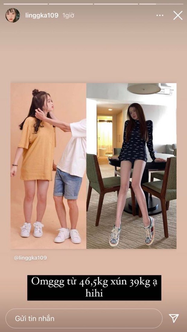 Tự ghép ảnh so sánh sự khác biệt sau khi sụt 7,5kg, Linh Ka khiến dân tình sốc vì đôi chân siêu thực - Ảnh 1.