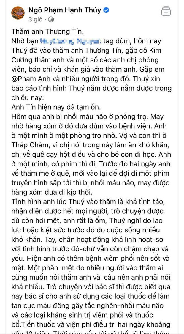 Sao Vbiz chung tay giúp đỡ NS Thương Tín: NS Trịnh Kim Chi kêu gọi hơn 76 triệu, Hạnh Thuý chi trả 10 triệu viện phí - Ảnh 3.