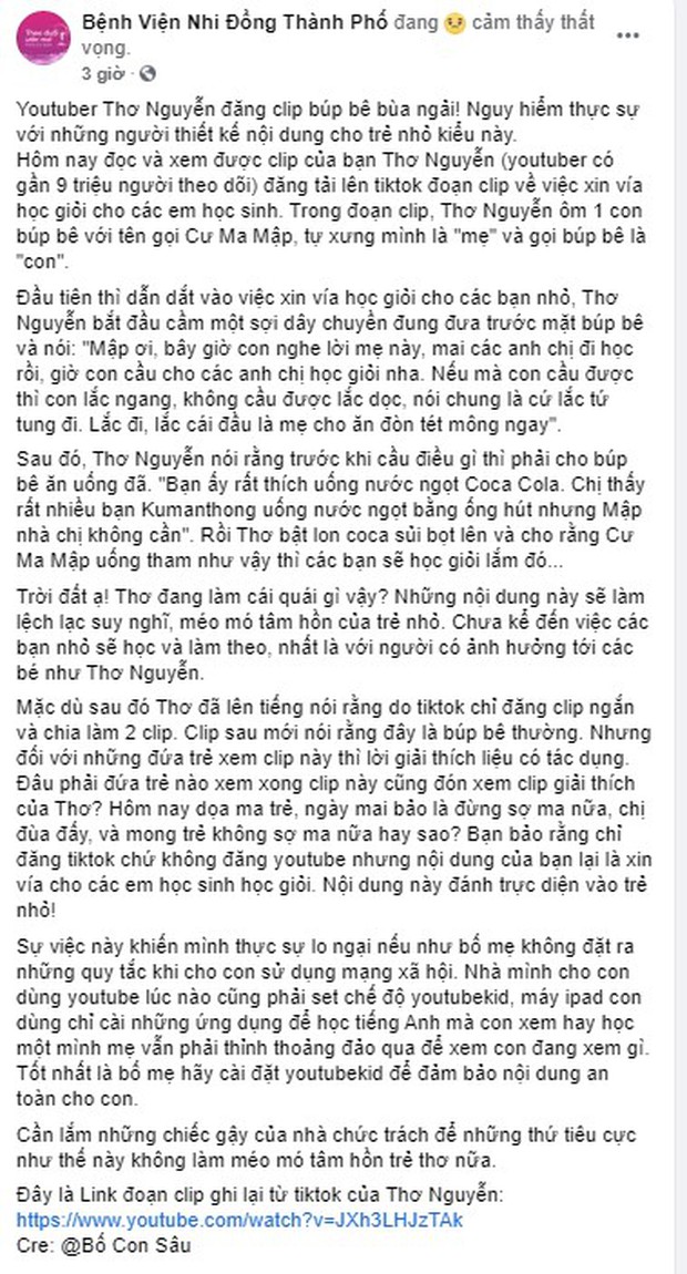 Fanpage Bệnh viện Nhi đồng Thành phố chia sẻ bài viết chỉ trích Thơ Nguyễn ôm búp bê xin vía học giỏi cho trẻ nhỏ - Ảnh 2. Fanpage Bệnh viện Nhi đồng Thành phố chia sẻ bài viết chỉ trích Thơ Nguyễn ôm búp bê xin vía học giỏi cho trẻ nhỏ - Ảnh 2.