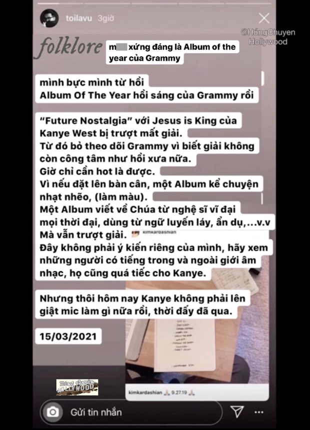 Taylor Swift vừa nhận giải thưởng lớn của Grammy 2021, MXH lan truyền đoạn story cà khịa của Vũ: Lại drama gì thế này? - Ảnh 2. Taylor Swift vừa nhận giải thưởng lớn của Grammy 2021, MXH lan truyền đoạn story cà khịa của Vũ: Lại drama gì thế này? - Ảnh 2.