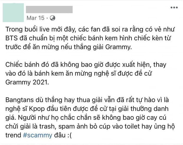 BTS bị chế giễu vì đặt bánh hình cúp Grammy dù trượt giải, fan phẫn nộ khi sự thật được phơi bày - Ảnh 3.