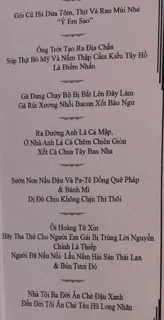 Dân mạng truyền nhau tấm thực đơn cưới chịu hay không chịu thì buộc chịu” cực hot của cô dâu chú rể có khiếu hài hước - Ảnh 2. Dân mạng truyền nhau tấm thực đơn cưới chịu hay không chịu thì buộc chịu” cực hot của cô dâu chú rể có khiếu hài hước - Ảnh 2.
