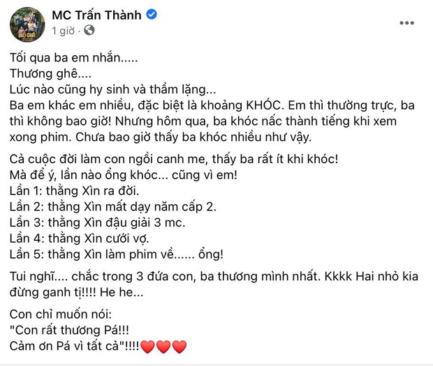 Trấn Thành chia sẻ xúc động về ba trên Facebook cá nhân, nhưng màn nịnh nọt của Hari làm netizen hoang mang không biết ai mới là con ruột - Ảnh 1. Trấn Thành chia sẻ xúc động về ba trên Facebook cá nhân, nhưng màn nịnh nọt của Hari làm netizen hoang mang không biết ai mới là con ruột - Ảnh 1.