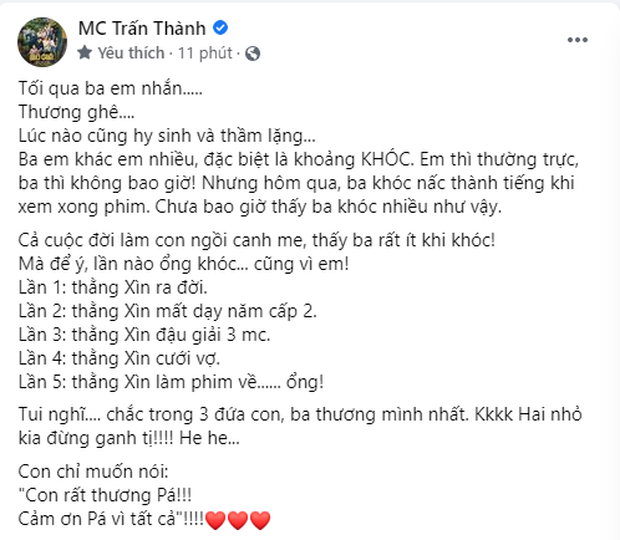 Trấn Thành khoe tin nhắn bố khóc nấc sau khi xem Bố Già, lỡ tay làm lộ luôn bí mật thời cấp 2 nổi loạn - Ảnh 1. Trấn Thành khoe tin nhắn bố khóc nấc sau khi xem Bố Già, lỡ tay làm lộ luôn bí mật thời cấp 2 nổi loạn - Ảnh 1.