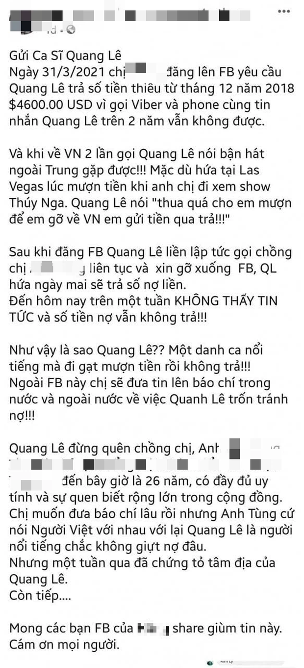 Quang Lê bị tố quỵt nợ hơn 100 triệu và ròng rã 2 năm không hồi đáp, giữa drama bỗng có động thái bất ngờ - Ảnh 2.