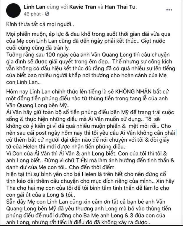 Linh Lan tuyên bố không nhận tiền phúng điếu, ẩn ý vợ cũ NS Vân Quang Long đứng sau vụ đòi giấy tờ huyết thống của bé Helen? - Ảnh 2.