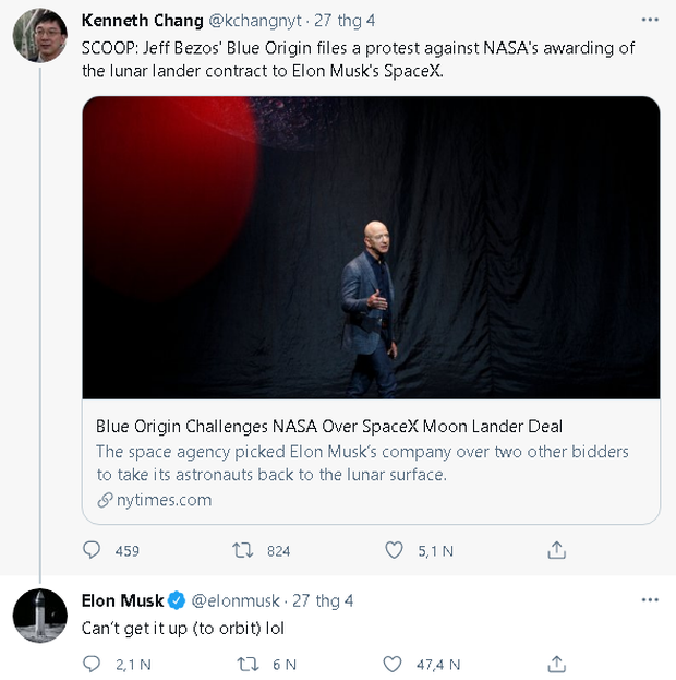 Elon Musk chế nhạo Jeff Bezos: “Mãi không dựng lên được” - Ảnh 2. Elon Musk chế nhạo Jeff Bezos: “Mãi không dựng lên được” - Ảnh 2.