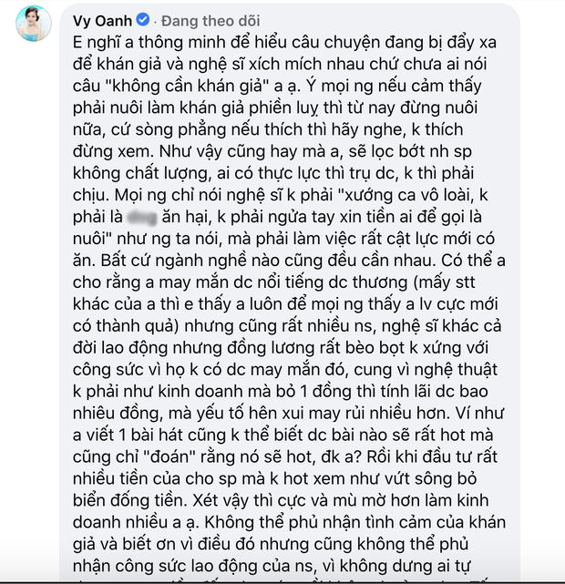 Chưa hết biến: Nhạc sĩ Nguyễn Văn Chung và Vy Oanh khẩu chiến gay gắt về quan điểm khán giả nuôi nghệ sĩ - Ảnh 4. Chưa hết biến: Nhạc sĩ Nguyễn Văn Chung và Vy Oanh khẩu chiến gay gắt về quan điểm khán giả nuôi nghệ sĩ - Ảnh 4.