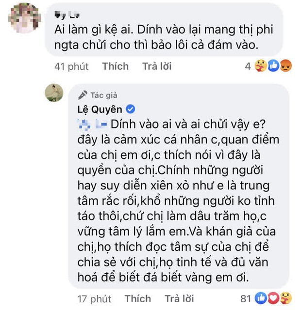 Đang yên đang lành bị kéo vào lùm xùm của giới nghệ sĩ, Lệ Quyên đáp trả 1 chọi 1 căng như dây đàn với antifan - Ảnh 3. Đang yên đang lành bị kéo vào lùm xùm của giới nghệ sĩ, Lệ Quyên đáp trả 1 chọi 1 căng như dây đàn với antifan - Ảnh 3.