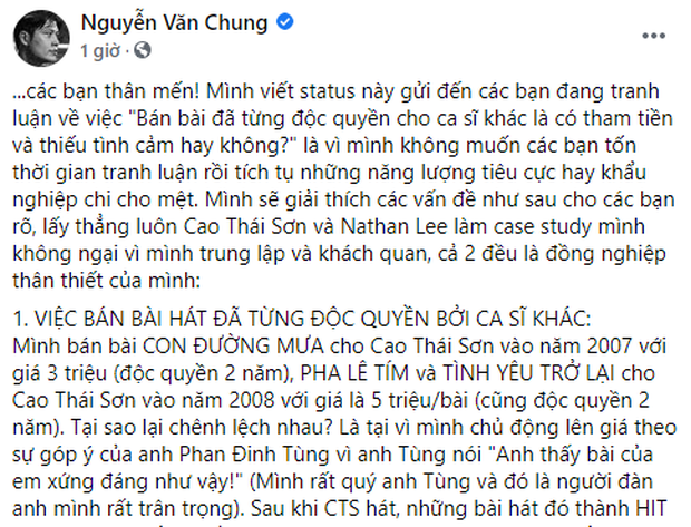 Nguyễn Văn Chung tiếp tục đăng tâm thư rất dài nhắc trực tiếp Nathan Lee - Cao Thái Sơn: Những kẻ chỉ trích mình tham tiền thật ấu trĩ và ngu dốt - Ảnh 1. Nguyễn Văn Chung tiếp tục đăng tâm thư rất dài nhắc trực tiếp Nathan Lee - Cao Thái Sơn: Những kẻ chỉ trích mình tham tiền thật ấu trĩ và ngu dốt - Ảnh 1.