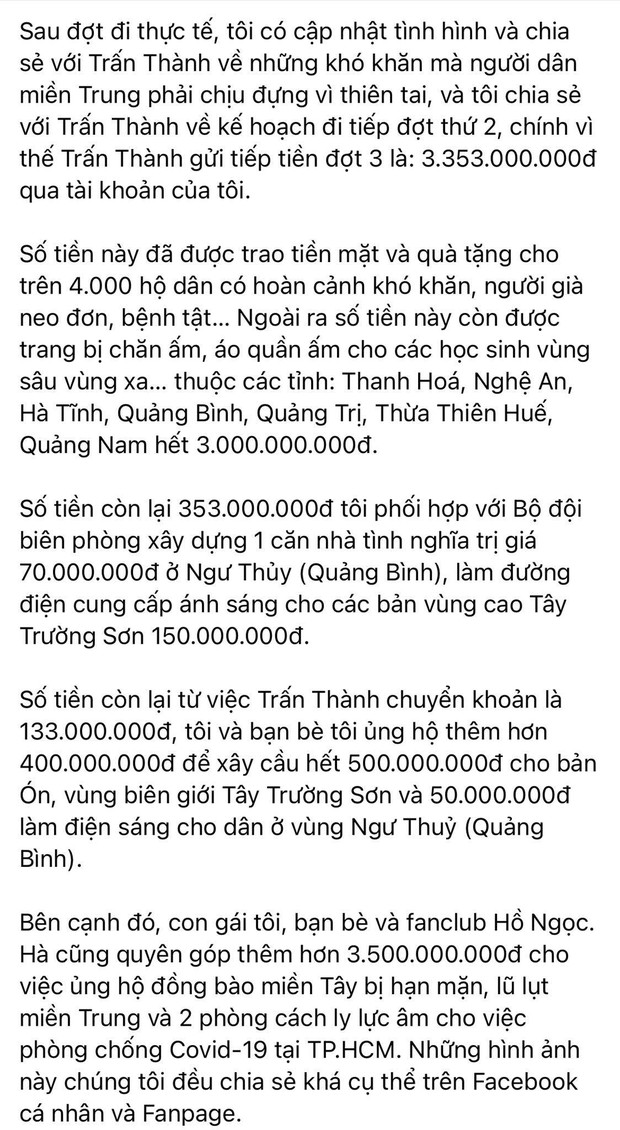 Mẹ Hà Hồ cuối cũng đã nói rõ về chuyện Trấn Thành chuyển 6,45 tỷ tiền cứu trợ miền Trung kèm hình ảnh, thông tin minh bạch - Ảnh 3.
