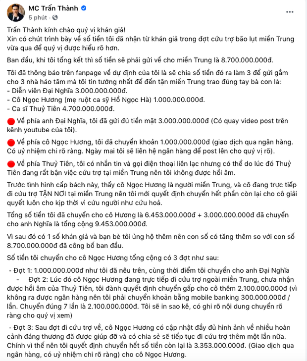 Hot: Trấn Thành chính thức trần tình về tiền từ thiện, hoá ra đã không chuyển 4,7 tỷ đồng cho Thuỷ Tiên! - Ảnh 2. Hot: Trấn Thành chính thức trần tình về tiền từ thiện, hoá ra đã không chuyển 4,7 tỷ đồng cho Thuỷ Tiên! - Ảnh 2.