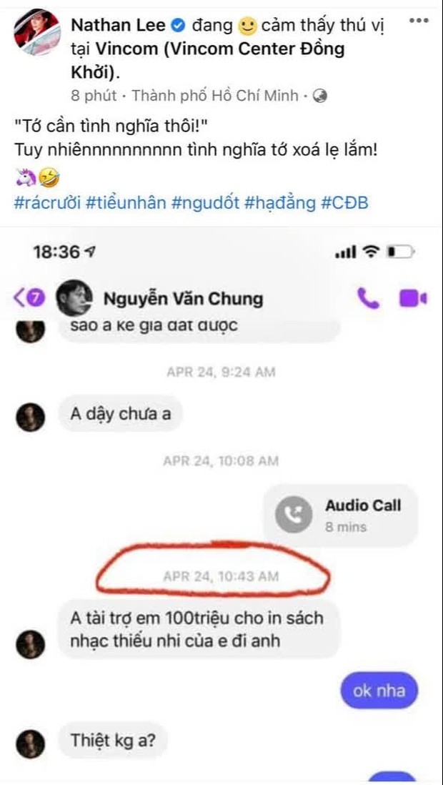 Nathan Lee đăng tin nhắn Nguyễn Văn Chung xin tài trợ 100 triệu đồng kèm câu quote Tớ cần tình nghĩa thôi! giống hệt Cao Thái Sơn - Ảnh 2. Nathan Lee đăng tin nhắn Nguyễn Văn Chung xin tài trợ 100 triệu đồng kèm câu quote Tớ cần tình nghĩa thôi! giống hệt Cao Thái Sơn - Ảnh 2.