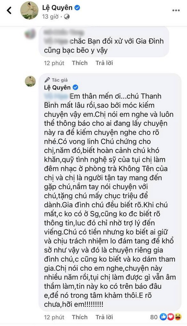 Bị nói vô ơn với cố nhạc sĩ Thanh Bình, Lệ Quyên đanh thép đáp trả khiến netizen cứng họng phải làm ngay điều này? - Ảnh 3. Bị nói vô ơn với cố nhạc sĩ Thanh Bình, Lệ Quyên đanh thép đáp trả khiến netizen cứng họng phải làm ngay điều này? - Ảnh 3.
