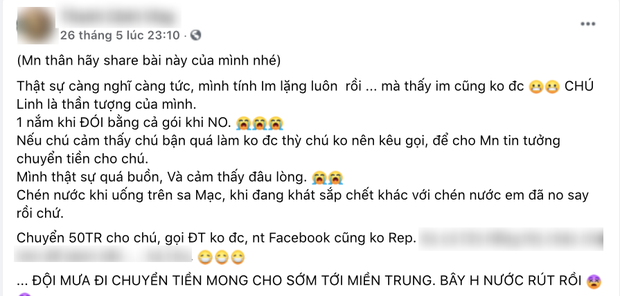 Rầm rộ 1 nhà hảo tâm đăng đàn bức xúc vì chuyển 50 triệu cứu trợ miền Trung cho NS Hoài Linh nhưng không liên lạc được? - Ảnh 2.