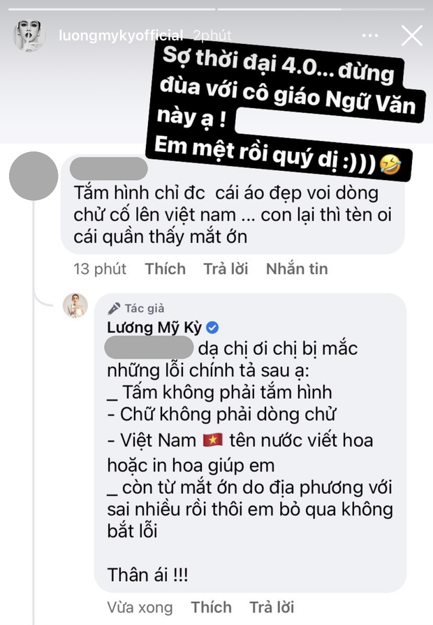 Bị chê chiếc quần, Lương Mỹ Kỳ quay sang bắt lỗi chính tả của antifan - Ảnh 2.