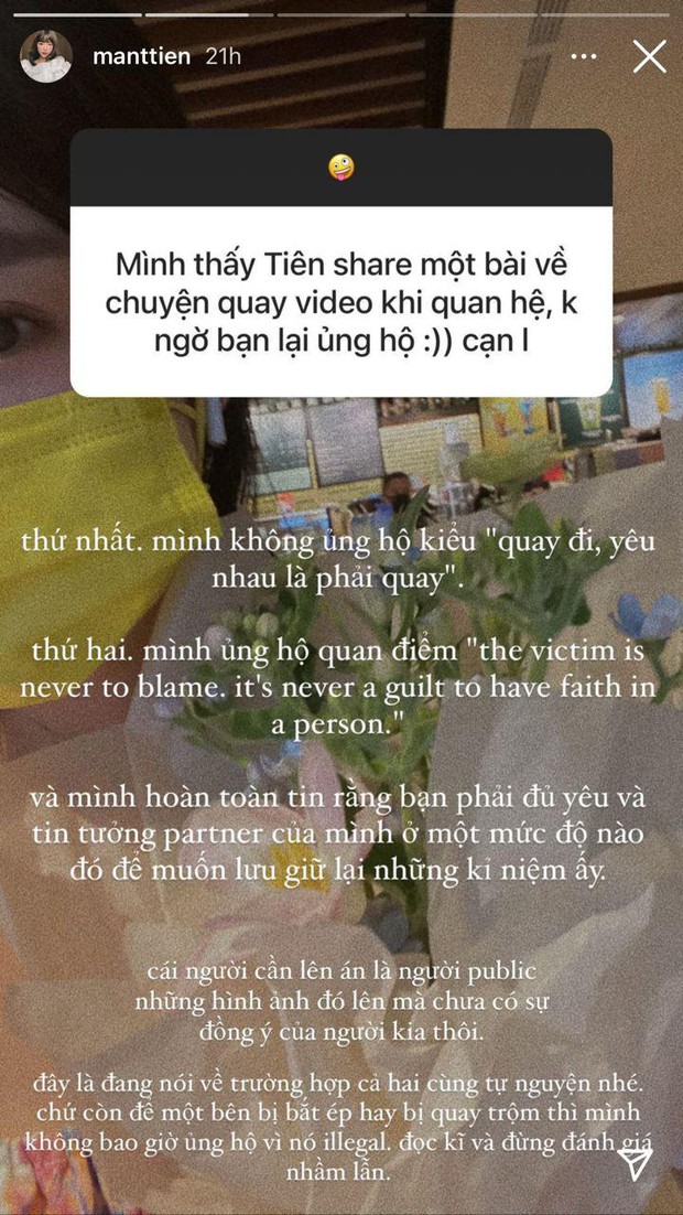 Mẫn Tiên phản ứng khi bị hiểu nhầm ủng hộ quay clip sex khi yêu, tuyên bố nạn nhân không đáng trách - Ảnh 2.