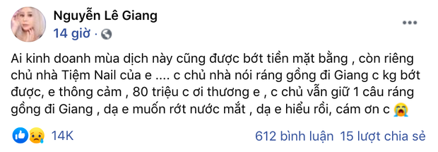 Lê Giang vừa mở cửa hàng 1 tháng thì phải đóng cửa vì dịch, khóc thét vì tiền thuê nhà làm Anh Đức và dàn sao Vbiz phải vào động viên - Ảnh 1.