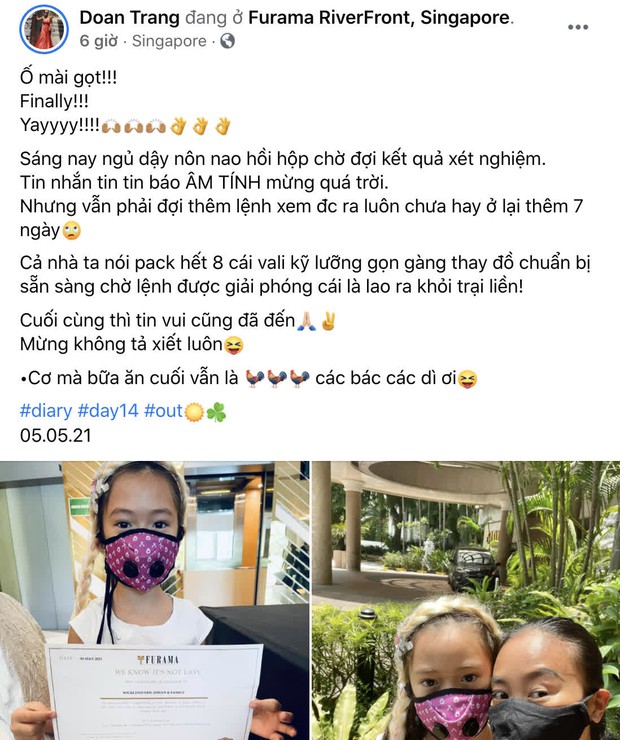 Đoan Trang nôn nao chờ kết quả xét nghiệm Covid-19, cả gia đình vỡ oà chuẩn bị tái hoà nhập cuộc sống ở Singapore - Ảnh 2. Đoan Trang nôn nao chờ kết quả xét nghiệm Covid-19, cả gia đình vỡ oà chuẩn bị tái hoà nhập cuộc sống ở Singapore - Ảnh 2.
