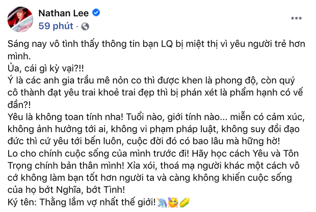 Nathan Lee bênh vực Lệ Quyên khi bị móc mỉa phẩm hạnh vì yêu trai trẻ, còn đưa ra lý lẽ đáp trả antifan cực gắt - Ảnh 2.