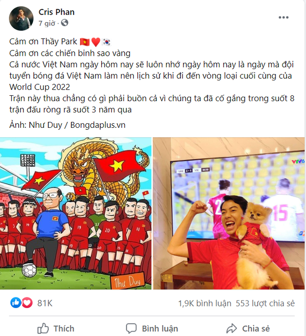 Chuẩn fan cuồng đội tuyển Việt Nam, Cris Phan làm dậy sóng mạng xã hội, nhưng cũng không quên cà khịa đối thủ! - Ảnh 1.