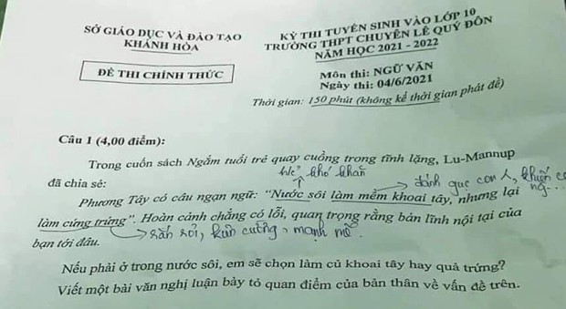 Đề thi Văn vào lớp 10 bị đánh giá phản cảm: Nếu ở trong nước sôi, em sẽ chọn làm khoai tây hay quả trứng? - Ảnh 1.