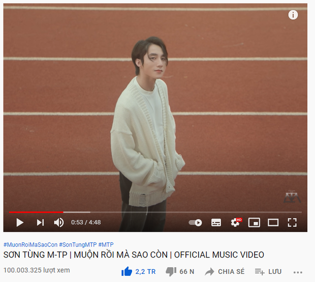 Muộn Rồi Mà Sao Còn của Sơn Tùng cán mốc 100 triệu view sau 37 ngày, nhanh đấy nhưng vẫn kém 2 MV của Jack và K-ICM! - Ảnh 1. Muộn Rồi Mà Sao Còn của Sơn Tùng cán mốc 100 triệu view sau 37 ngày, nhanh đấy nhưng vẫn kém 2 MV của Jack và K-ICM! - Ảnh 1.
