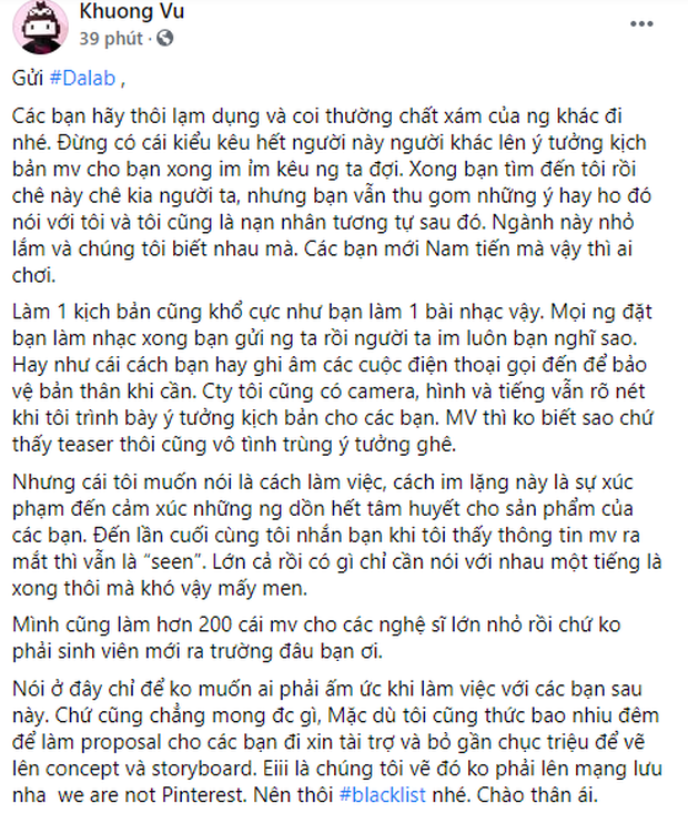 Biến căng: Đạo diễn loạt MV của Jack, Hương Giang... bóc phốt Da LAB lạm dụng chất xám, bàn ý tưởng kịch bản chán chê xong im lặng - Ảnh 1.