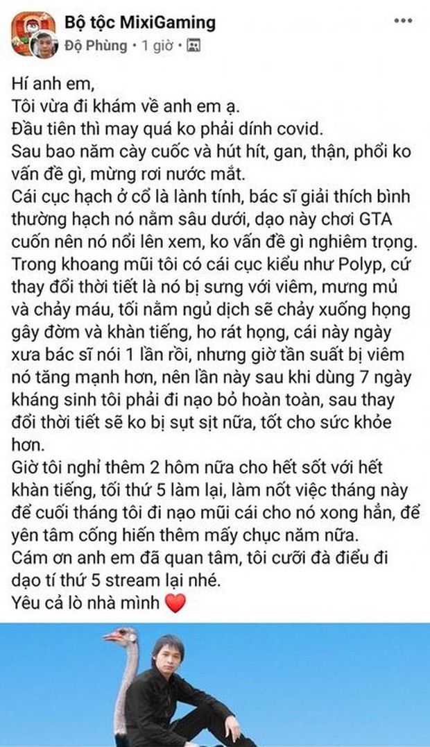 Độ Mixi thông báo tình hình sức khỏe sau khi bị sốt cao và ho, hé lộ sắp phải phẫu thuật - Ảnh 2. Độ Mixi thông báo tình hình sức khỏe sau khi bị sốt cao và ho, hé lộ sắp phải phẫu thuật - Ảnh 2.
