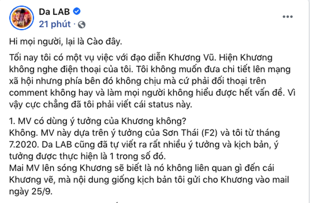 Da LAB đăng bài giải thích, tiếp tục tung tin nhắn chứng minh đạo diễn MV hứa lèo, còn tag thẳng tên thách thức - Ảnh 2. Da LAB đăng bài giải thích, tiếp tục tung tin nhắn chứng minh đạo diễn MV hứa lèo, còn tag thẳng tên thách thức - Ảnh 2.