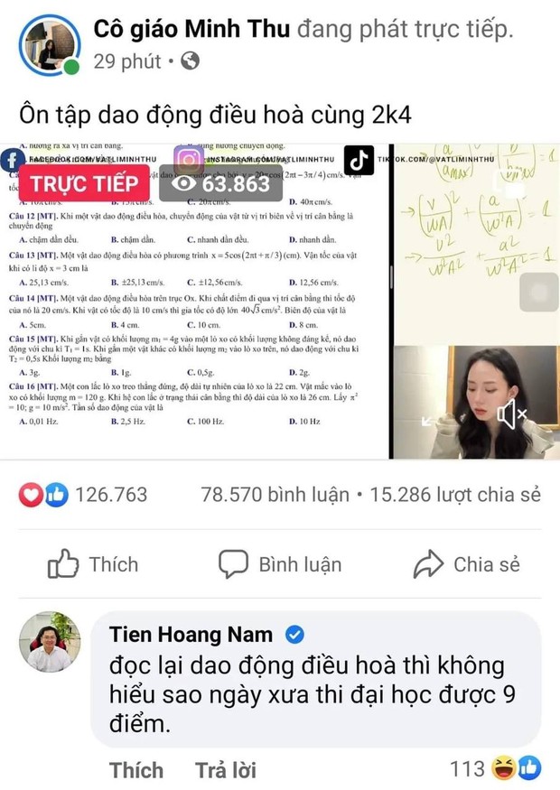 Chủ tịch Hoàng Nam Tiến vào xem cô giáo Minh Thu livestream, tiết lộ luôn điểm thi ĐH môn Vật lý - Ảnh 1.