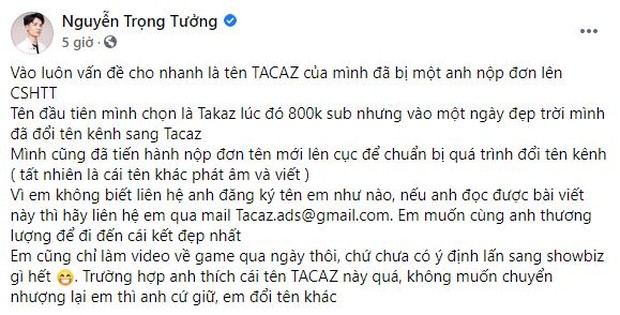 Hết PewPew lại đến lượt streamer Tacaz than trời vì tên thương hiệu bị đăng ký bản quyền - Ảnh 1.