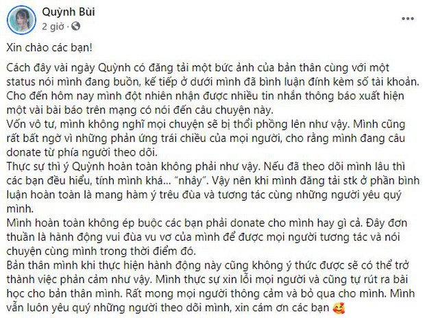 Quỳnh Alee xin lỗi cư dân mạng vì trò đùa vô ý, hé lộ câu chuyện để lại số tài khoản ngân hàng - Ảnh 1.