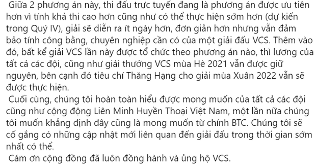 Sau hàng loạt tin đồn, ban tổ chức VCS chính thức lên tiếng: Không hủy giải, lương thưởng trả đủ 100% - Ảnh 3.