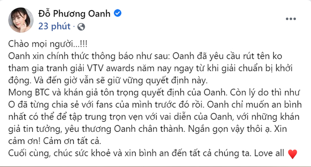 Phương Oanh (Hương Vị Tình Thân) tiếp tục rút khỏi đề cử VTV Awards, khóa cả bình luận để netizen khỏi phải bàn - Ảnh 1.