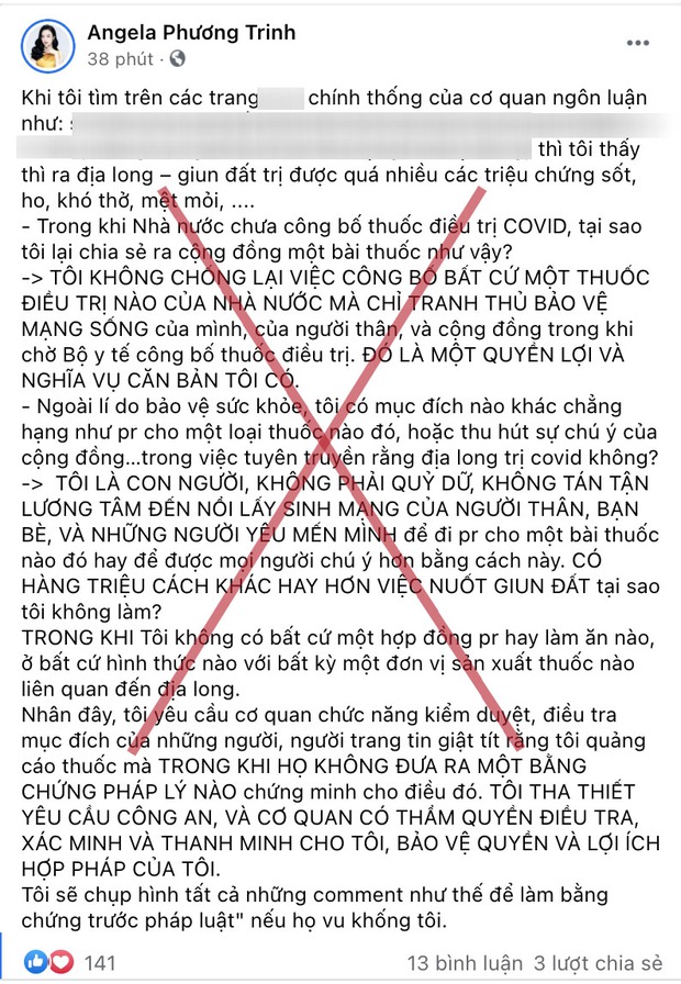 Đăng thông tin chữa Covid-19 sai lệch bằng Địa long, Angela Phương Trinh gây phẫn nộ khi thách thức, đòi công an vào cuộc - Ảnh 2.