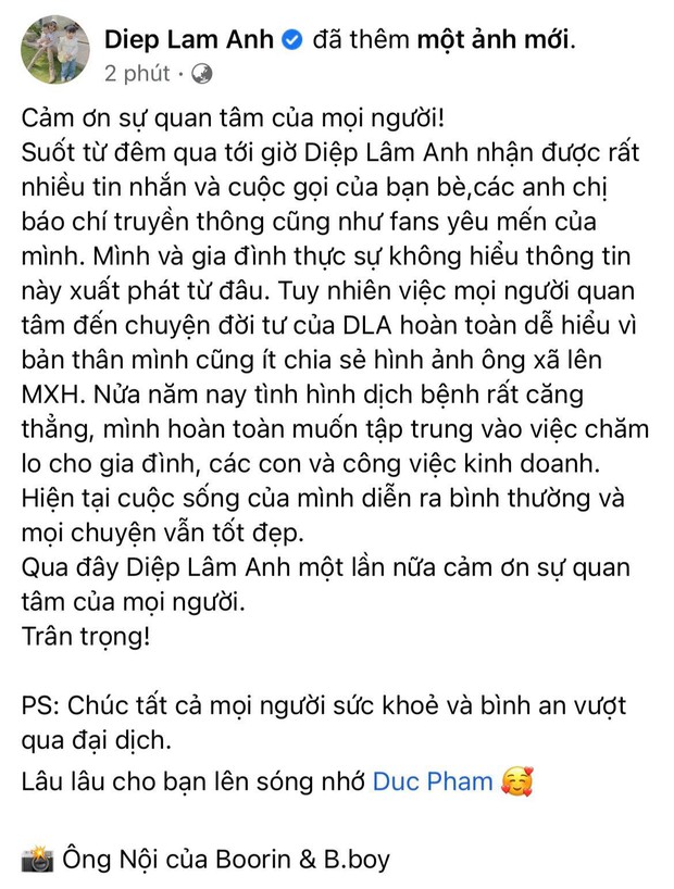 Diệp Lâm Anh trực tiếp lên tiếng trước tin đồn ly hôn, đăng ảnh cả gia đình và tiết lộ tình trạng với nhà chồng