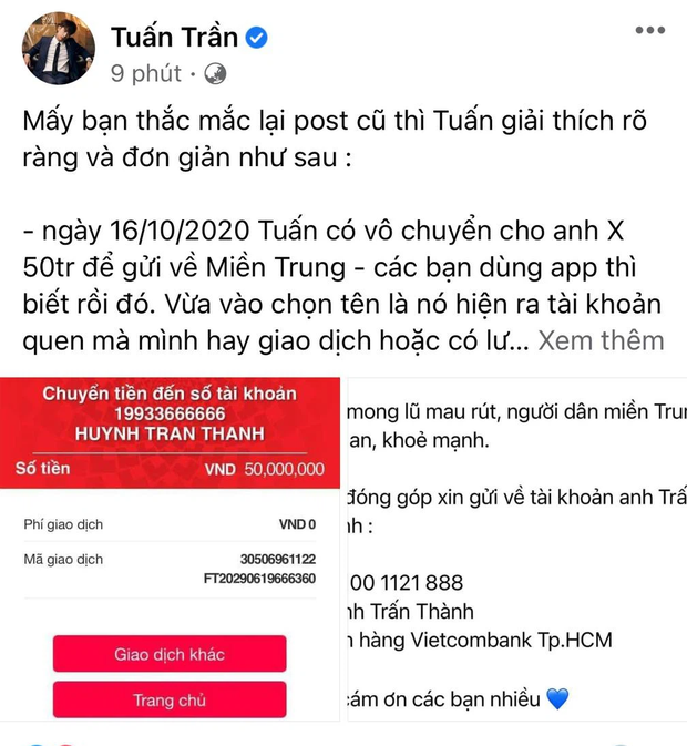 Netizen bóc ảnh Tuấn Trần gửi 50 triệu quyên góp vào 1 tài khoản khác của Trấn Thành, chính chủ vội làm rõ ngay - Ảnh 2.