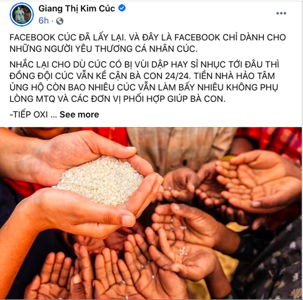 Giang Kim Cúc lên tiếng sau khi bị tố ăn chặn tiền từ thiện: Anh chị nào tin tưởng thì gửi, nếu không cứ cho Cúc ủy nhiệm chi, lập tức chuyển trả - Ảnh 1. Giang Kim Cúc lên tiếng sau khi bị tố ăn chặn tiền từ thiện: Anh chị nào tin tưởng thì gửi, nếu không cứ cho Cúc ủy nhiệm chi, lập tức chuyển trả - Ảnh 1.