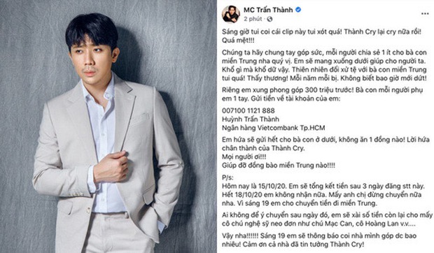 Rầm rộ thông tin Trấn Thành xóa bài đăng kêu gọi từ thiện từ mùa lũ năm ngoái, thực hư là gì? - Ảnh 2. Rầm rộ thông tin Trấn Thành xóa bài đăng kêu gọi từ thiện từ mùa lũ năm ngoái, thực hư là gì? - Ảnh 2.