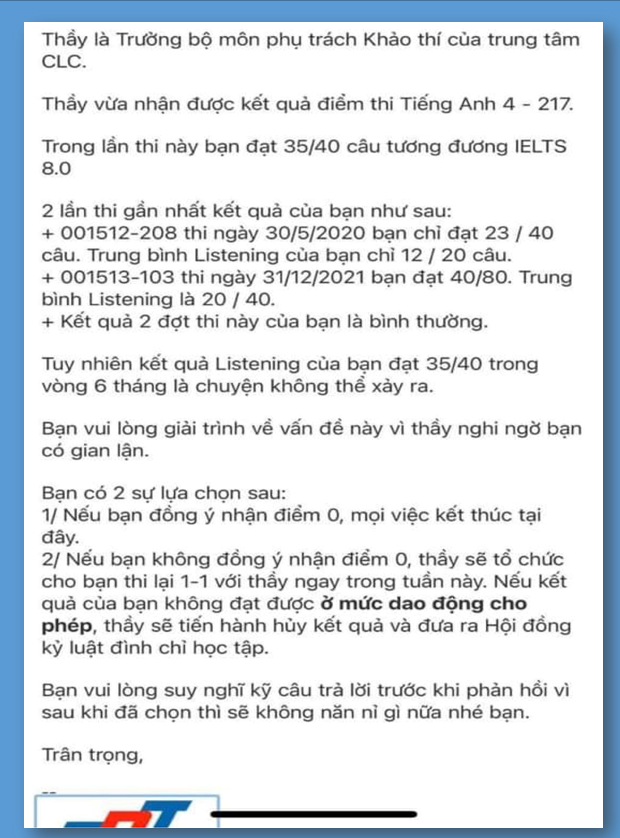 Sinh viên đạt điểm tương đương 8.0 IELTS nhưng giáo viên đòi hạ xuống 0 điểm, đình chỉ học: Nhà trường chính thức lên tiếng - Ảnh 1. Sinh viên đạt điểm tương đương 8.0 IELTS nhưng giáo viên đòi hạ xuống 0 điểm, đình chỉ học: Nhà trường chính thức lên tiếng - Ảnh 1.
