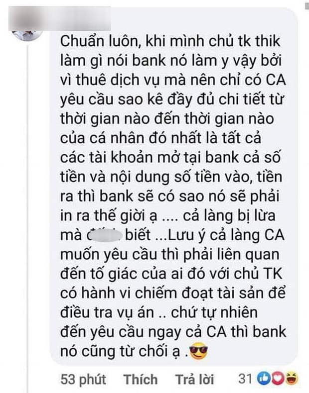 Sau bình luận về vấn đề sao kê Chủ tài khoản thích làm gì thì bank làm y vậy, Giám đốc chi nhánh 1 ngân hàng lên tiếng thanh minh - Ảnh 1.