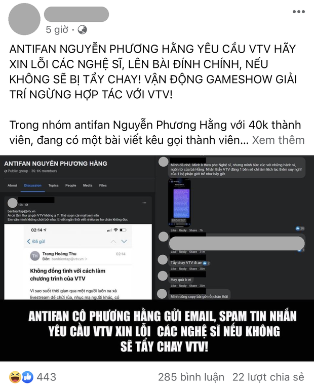 Netizen chỉ trích vụ thành viên group 40k antifan bà Phương Hằng đòi tẩy chay VTV, giáng đòn 1 sao nếu không xin lỗi nghệ sĩ - Ảnh 1.