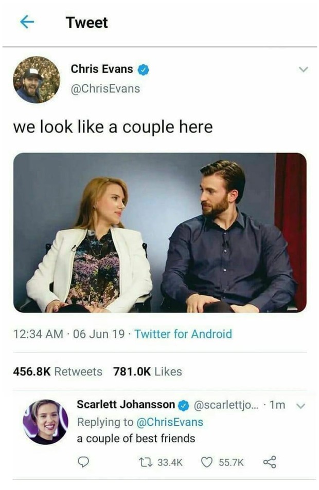 Đội trưởng Mỹ Chris Evans công khai thả thính cô bạn thân Scarlet, ai ngờ bị đằng gái friendzone thẳng tay đến là quê - Ảnh 2. Đội trưởng Mỹ Chris Evans công khai thả thính cô bạn thân Scarlet, ai ngờ bị đằng gái friendzone thẳng tay đến là quê - Ảnh 2.